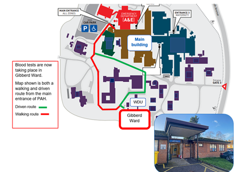 Map of hospital site showing buildings, entrances, parking areas and walking routes. 