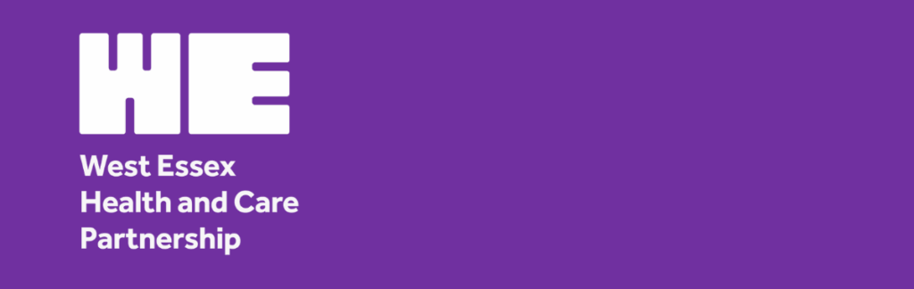 West Essex Health and Care partnership logo on a purple background