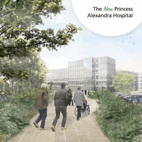 Illustration picture of patients/ visitors walking in grounds of hospital.