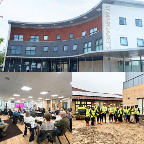 A collage photos including St Margaret's Hospital in Epping, the previous community event and a group photo outside of the construction site at the Community Diagnostic Centre in Epping.