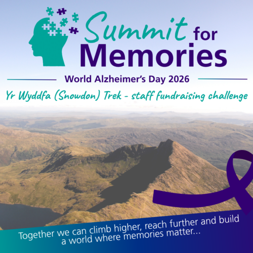 Graphic promoting “Summit for Memories” for World Alzheimer’s Day 2026, featuring a mountain landscape, a purple dementia awareness ribbon and puzzle-piece imagery. Text reads: “Yr Wyddfa (Snowdon) Trek – staff fundraising challenge” and “Together we can climb higher, reach further and build a world where memories matter…”